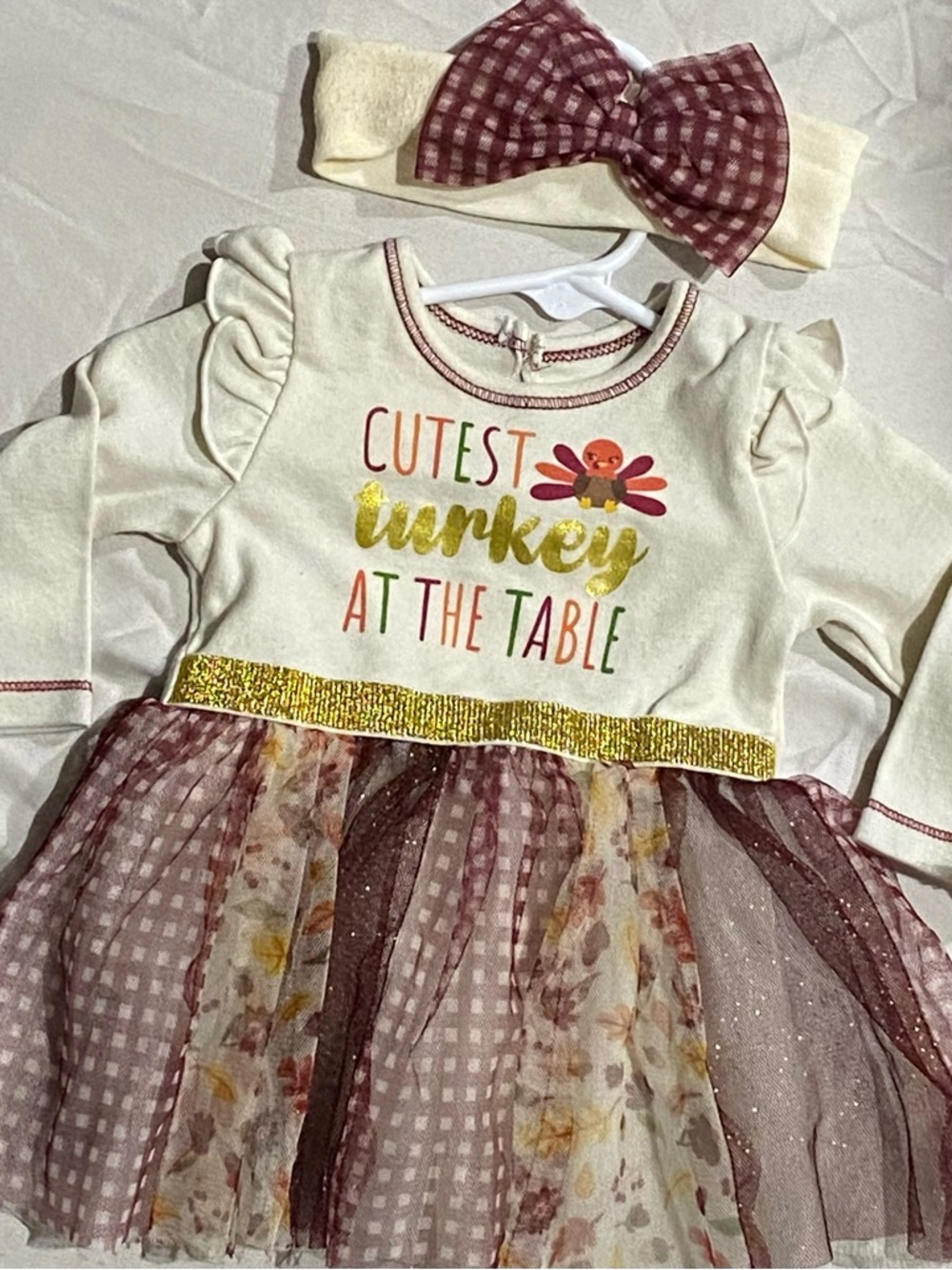 Cream & Mauve "Cutest Turkey at the Table" Tulle Dress with Headband